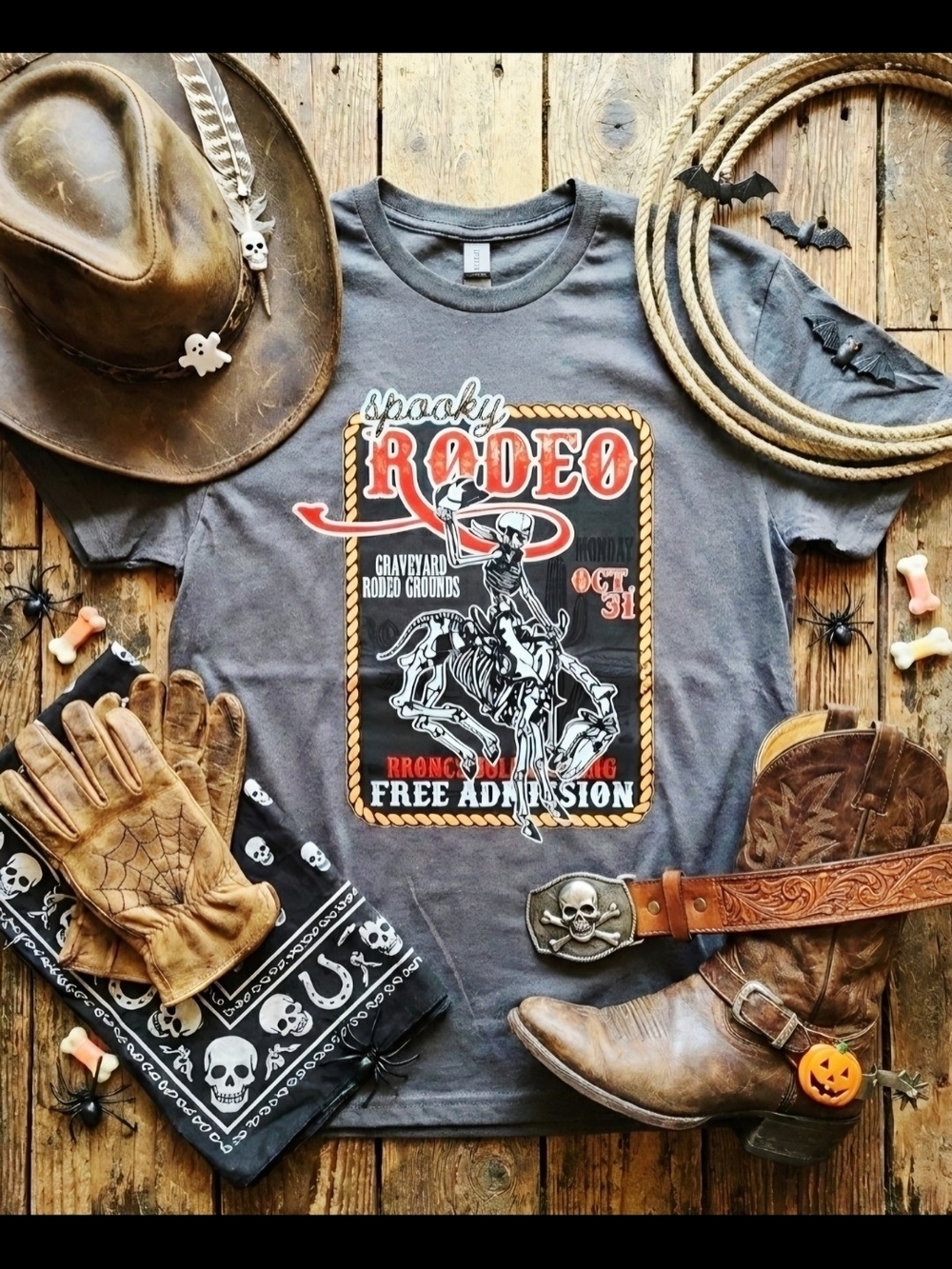 Spooky Rodeo Halloween Tee • Skeleton Cowboy Western Graphic • Graveyard Rodeo